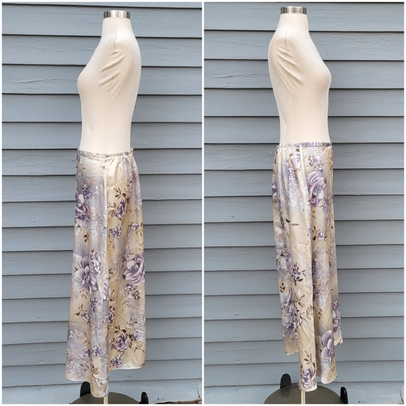Vintage 90s y2k Kathy Lee Blue Tan Satin Purple Floral Midi Slip Skirt 12 - Picture 2 of 10